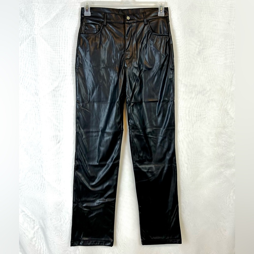 Woman’s Black Pleather Straight Leg High Rise Pants / Medium